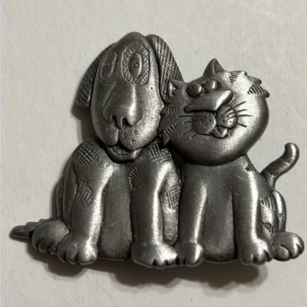 Vintage J.J. Pewter Dog and Cat Brooch
